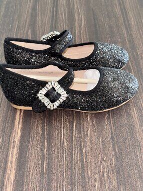 Black Glitter Mary Jane Flats with Rhinestone Buckle